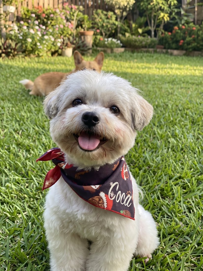 Coca, a fluffy white dog wearing a 'Coca' bandana, smiling in a garden