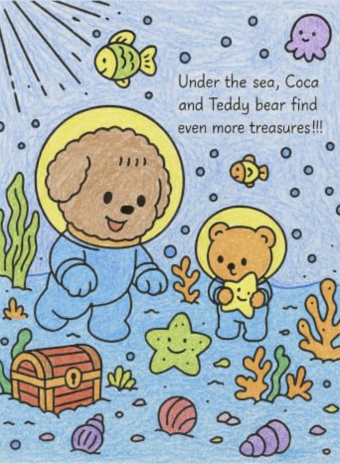 A hand-colored page of Coca and a teddy bear exploring under the sea