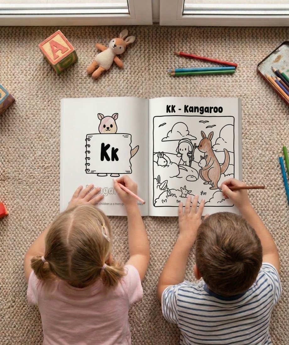 Two children coloring a Coca ABC book together on the floor
