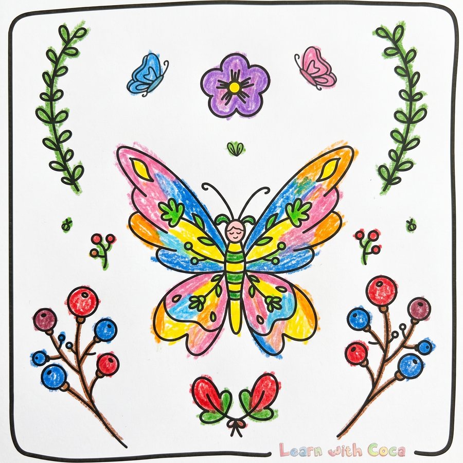A page from my butterfly book, coloured in by a friend