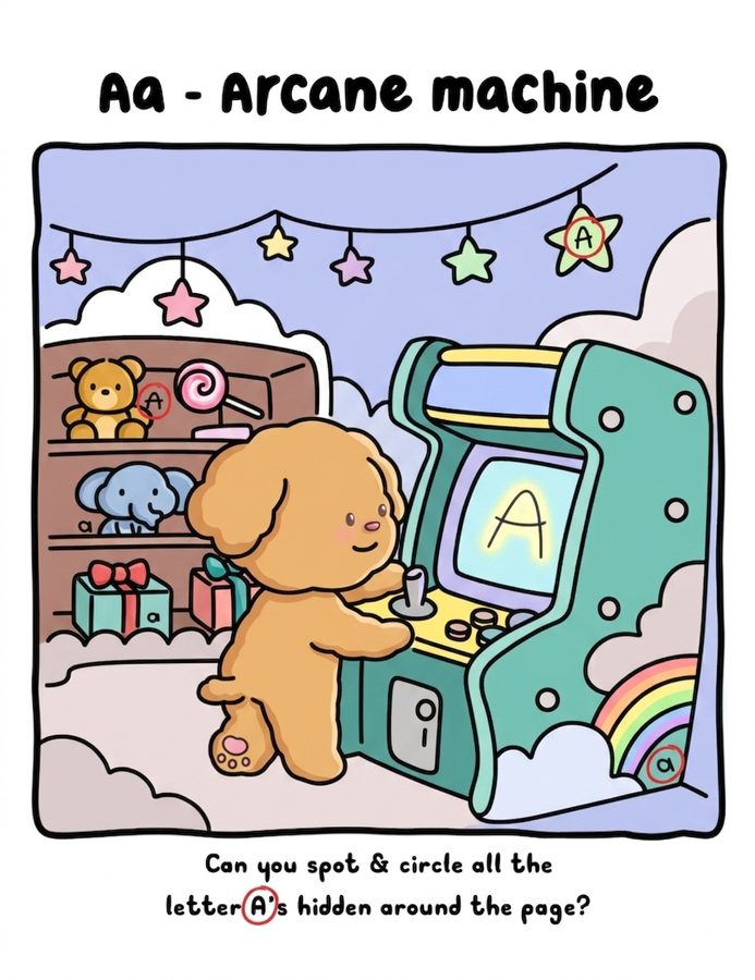 Coca at an arcade machine, a hidden-letter page coloured in by Coca