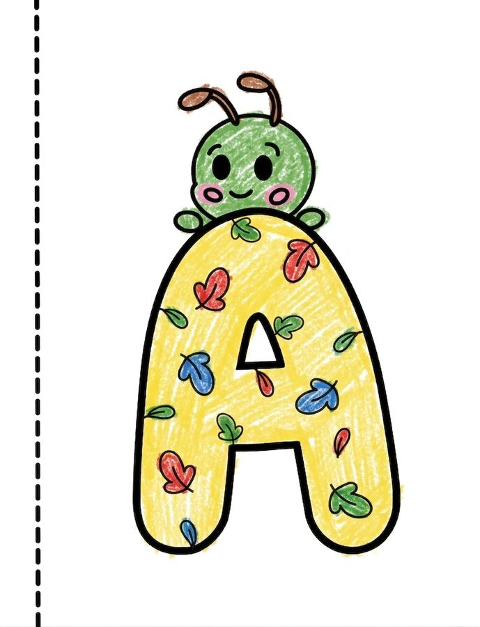 The letter A with a caterpillar, coloured in by Coca