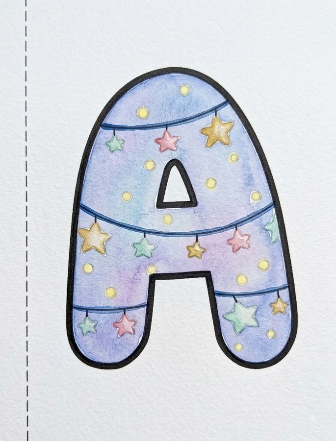 The letter A filled with little stars, coloured in by Coca