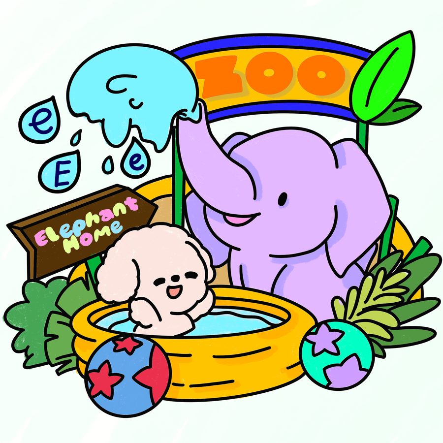 Elephant Home at the zoo, a hidden-letter E page coloured in by Coca