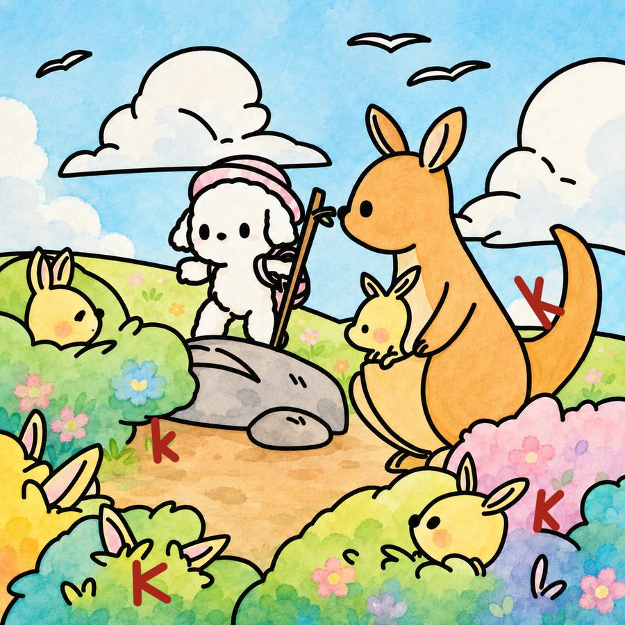 A kangaroo meadow hidden-letter K page, coloured in by Coca