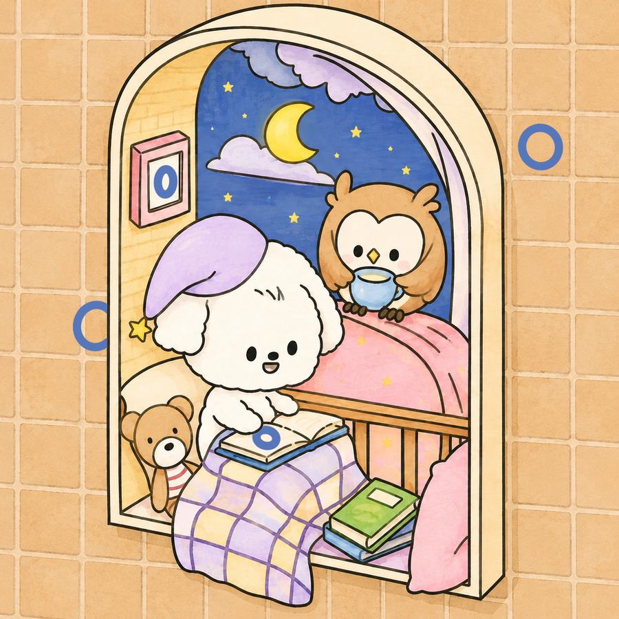 A bedtime window scene with a little owl, a hidden-letter O page coloured in by Coca