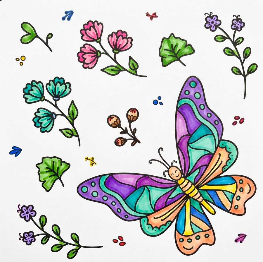 Little blooms and a purple butterfly, coloured in by Coca