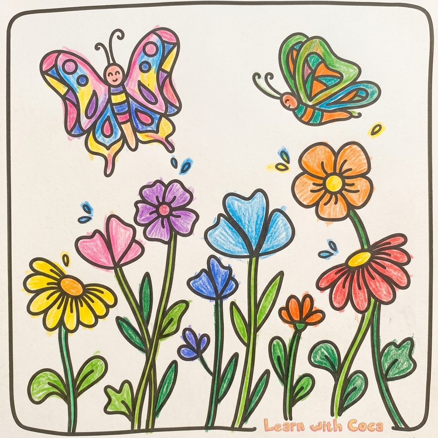 A page of butterflies and flowers, coloured in by Coca