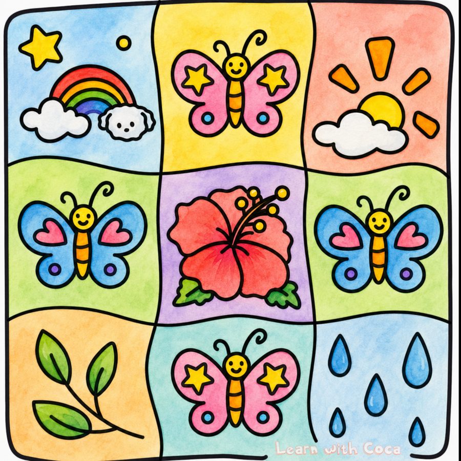 Nine little garden squares, coloured in by Coca