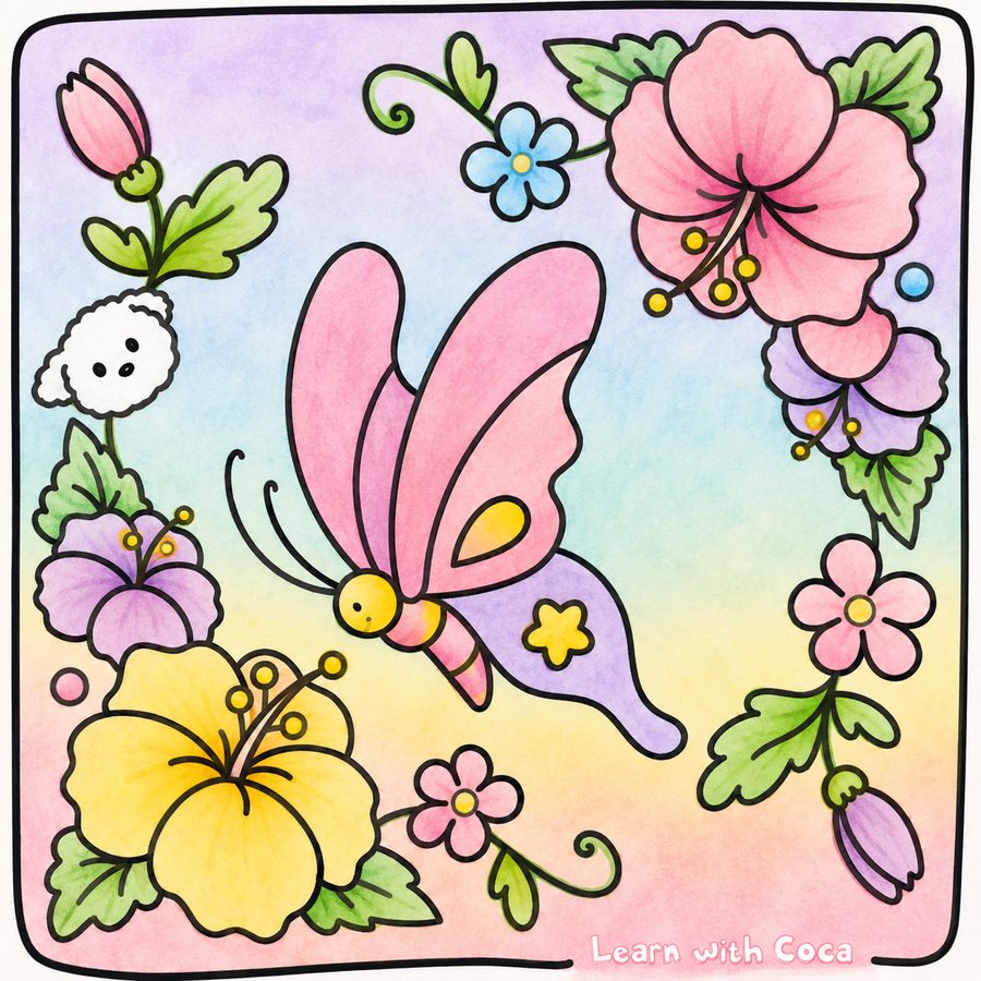 A big flower with a butterfly and a tiny dog, coloured in by Coca