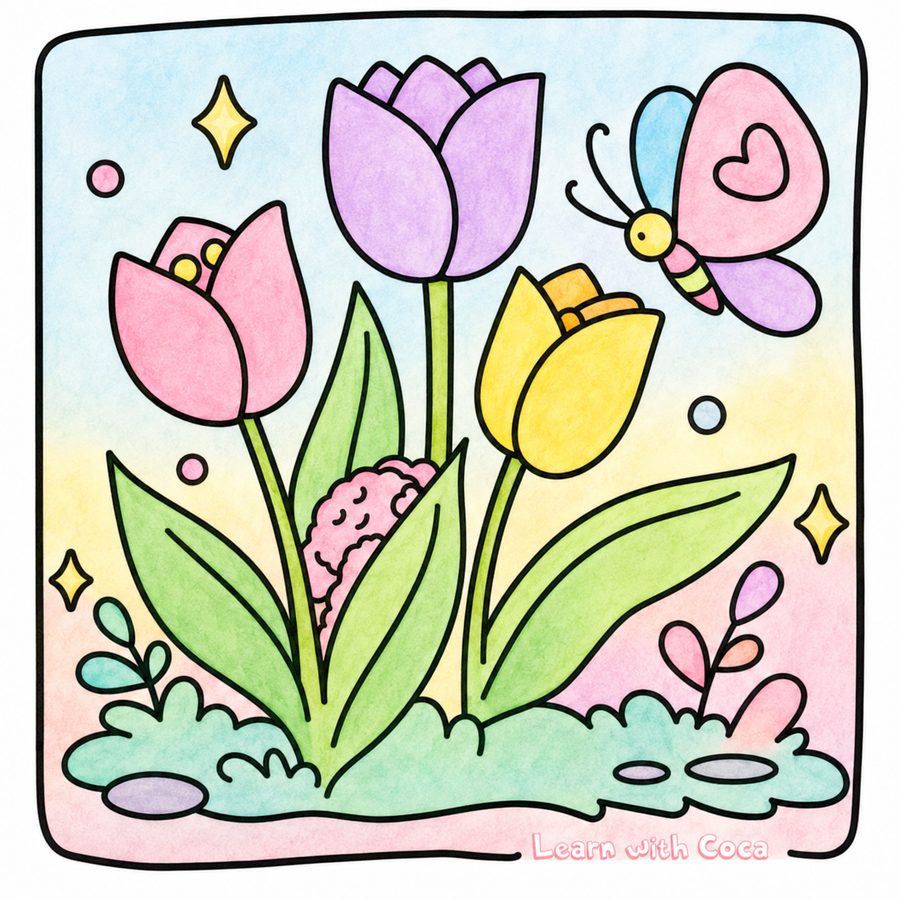 Tulips and a butterfly, coloured in by Coca